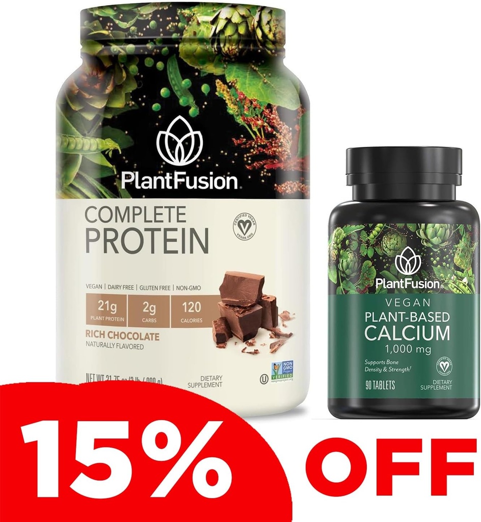 PlantFusion Complete Vegan Protein Powder & Calcium Bundle - Plant Based Protein Powder with BCAAs, Digestieve Enzymen and Pea Protein
