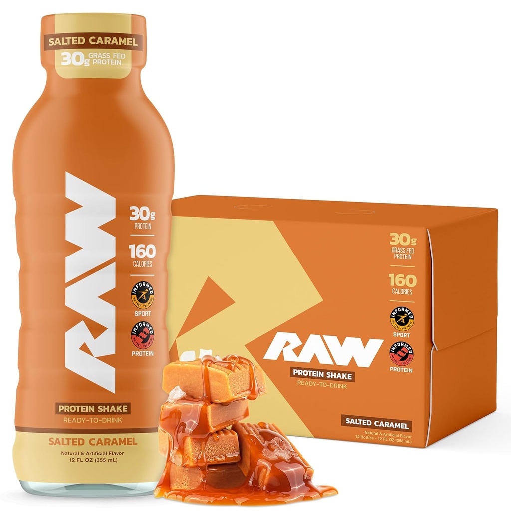 Shake aux protéines prêtes à boire RAW, caramel salé - Les boissons protéiques de RDT avec l'isolat de protéines de lactosérum pour l'après-entraînement - Zero-Sugar et sans gluten repas de remplacement boisson et petit déjeuner Shake, 12 Fl Oz