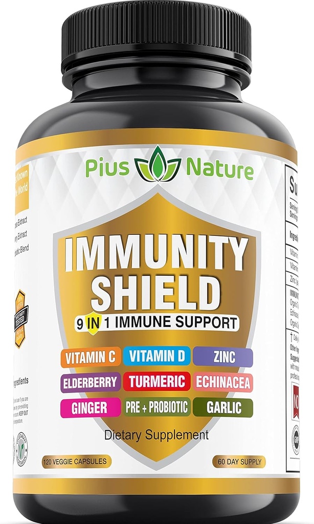9- in-1 Immune Support Witamina C (1000mg), Witamina D3 (5000 j. m.), Cynk (22mg) z Elderberry, Turmeric, Echinacea, Ginger, Czosnek i Pre-+ Biotic per Serving (120 kapsli na butelkę - 2 Month Supply)