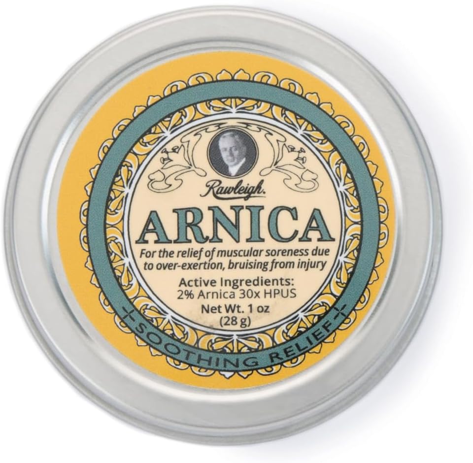 Rawleigh Arnica Soothing Balm: 1 uns, 2% Arnica 30X HPUS, naturlig formel för muskelsårhet, överexertion Bruising, Absorbs Snabbt, Non Greasy, Travel-Friendly Tin - Pack av 1