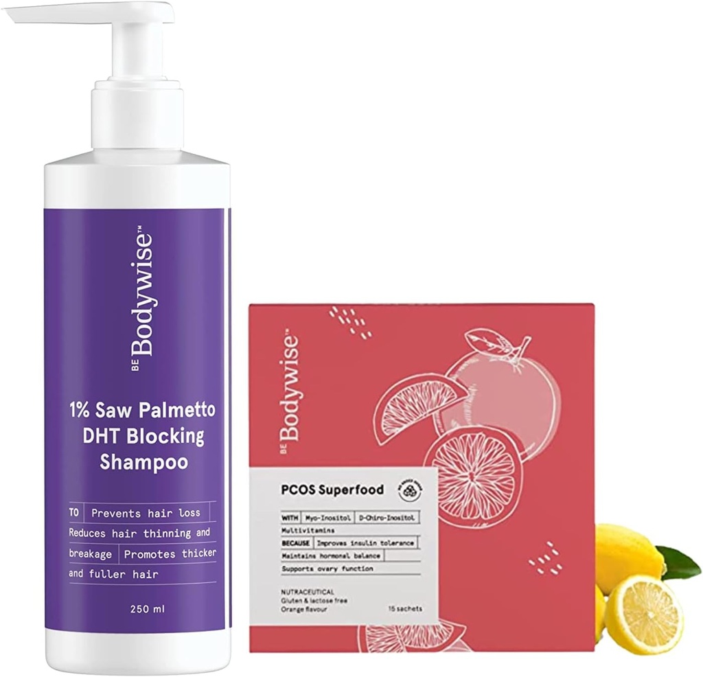 Metrol Be Bodywise PCOS Superfood 15 Sachets e 1% Saw Palmetto DHT Blocking Shampoo per le donne 250 ml | 100% Vegetariano | Paraben & Sulfate Free | Nessun effetto collaterale