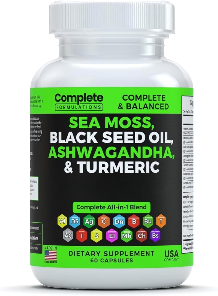 Sea Moss Supplement Blend med Black Seed Oil Ashwagandha Turmeric Bladderwrack, Burdock & Vitamin C & D3 med Elderberry Manuka Dandelion Yellow Dock Iodine