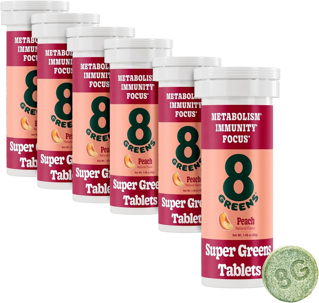 8Greens Supergreens Tablets | Super Greens Powder Superfood, Metabolismo Immunity & Focus, Daily Greens Effervescent Tablets, Organic: Aloe Vera, Spirulina, Chlorella, Peach, 60 Tube
