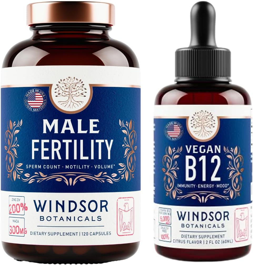 WINDSOR BOTANICALS Vegaani B12 ja miesten hedelmällisyys täydentää Maca Root - energiaa ja hedelmällisyyttä Bundle