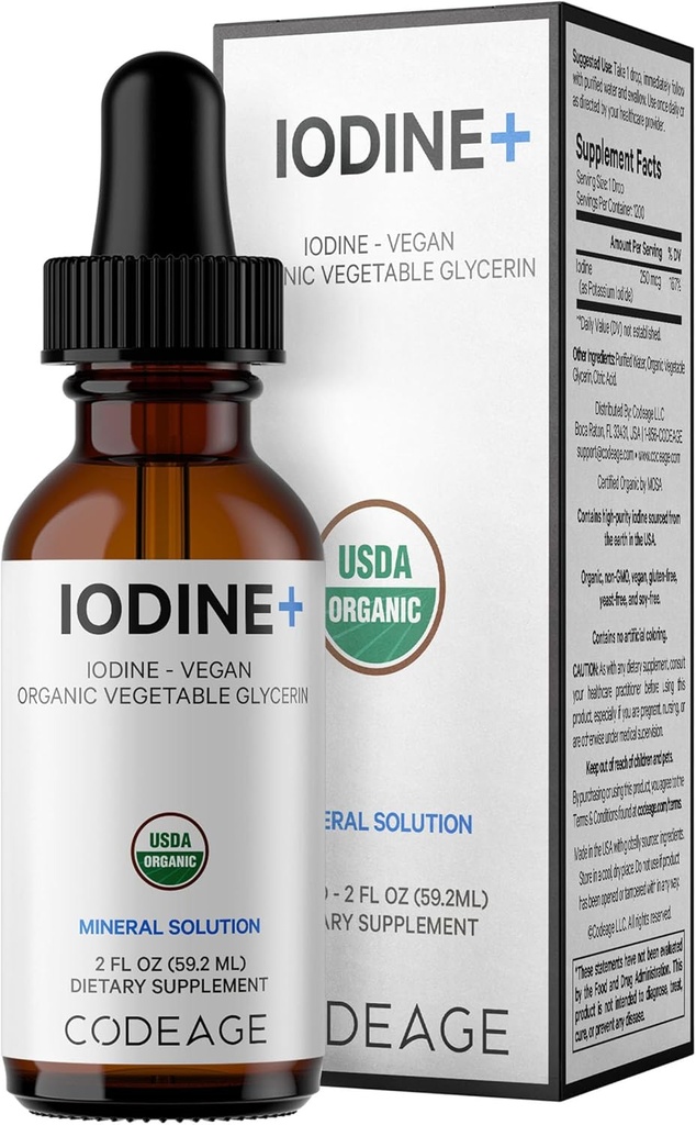 Codeage USDA Certified Organic Iodine Drops - 250 Mcg Per Serving - 1+ Year Supply - Liquid Iodide Supplement - Pure, Clear Iodine - Vegan Kalium Iodine Liquid Drop - 2 fl oz