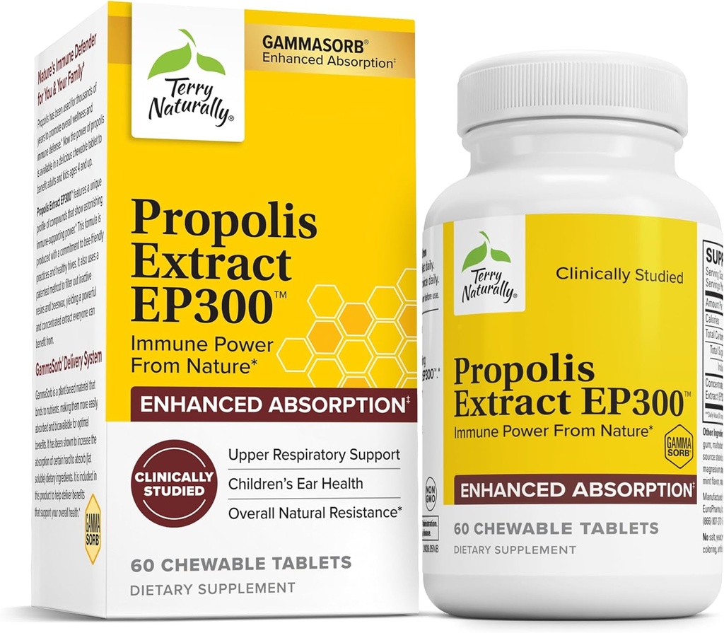 Terry Naturally Propolis Extract EP300 - Ülemiste hingamisteede ja immuunsüsteemi tugisammas - Mitte-GMO koos mesilase Propolis ekstrakt - Laste ja täiskasvanute täiendus - 60 närimistabletti