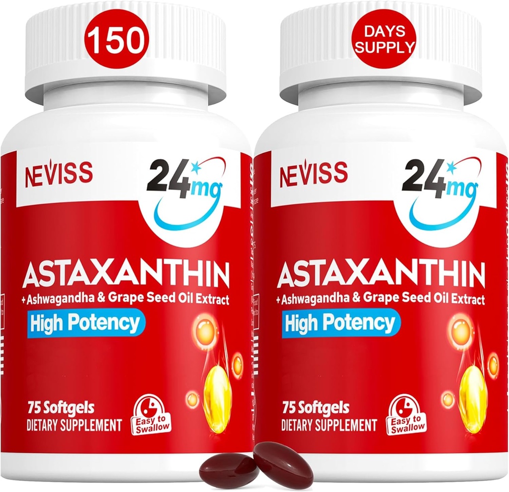 Astaxanthin Suplimente 24mg, 5 luni de aprovizionare - Coconut MCT Ulei, Microalgae proaspete Sursa w/Grape Seed Oil, Ashwagandha - Antioxidanti pentru piele sanatoasa, ochi, imbatranire - non-GMO & Gluten Free, 150 Softgels