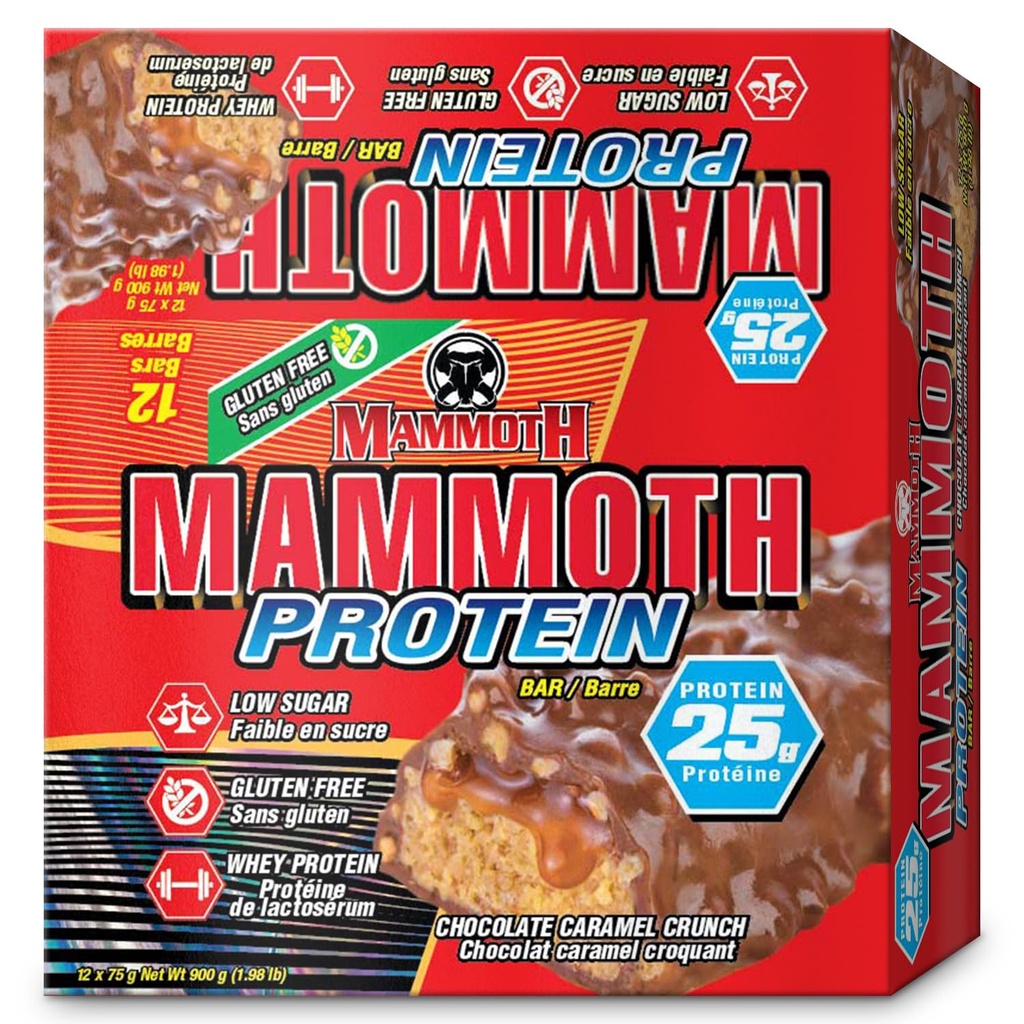 MAMOTH Proteine Bar, ciocolată Unt de arahide Crunch, 25g Proteine, Zahăr scăzut, Carb scăzut, Gluten gratuit, 12 x 65g (12 Conte) (Ciocolată Unt de arahide Crunch) (12 Conte, Ciocolată Caramel Crunch)