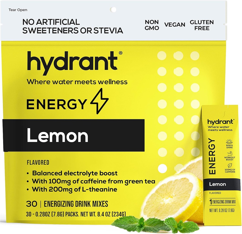 HYDRANT Energy Lemon Flavor 30 Stick Pack, Caffeine & L-Theanine Rapid Hydration Mix, Electrolyte Hydration Powder Packets Zinc-ekin