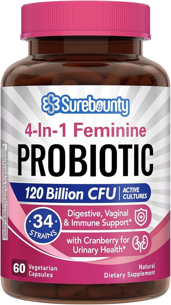 여성, 120 억 CFU 34 Strains, Prebiotics, 소화 효소, Cranberry, 4-in-1 Feminine Probiotics, Digestive, Vaginal, 면역 지원, 60ct