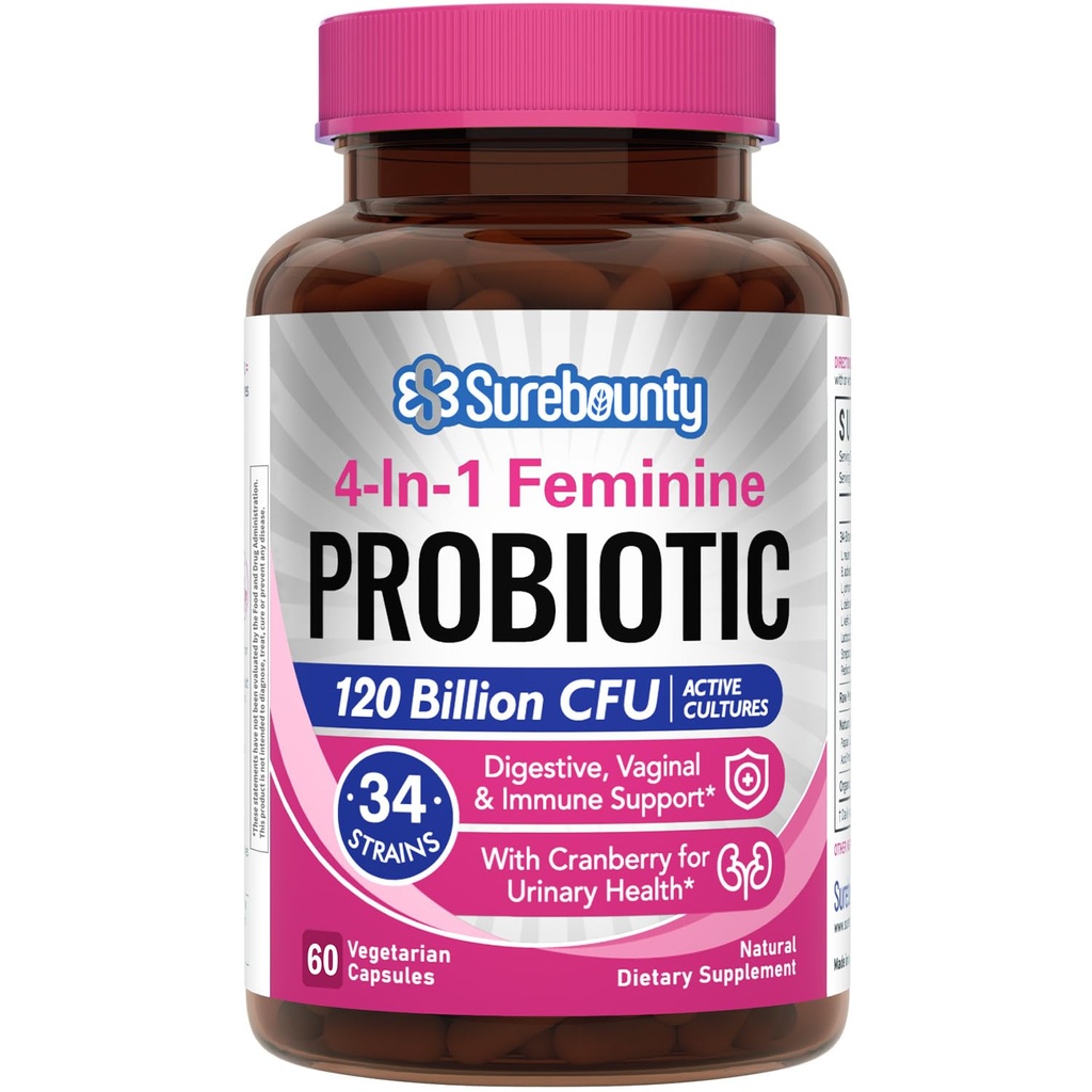 Probiotics for Women, 120 Billion CFU 34 Strains, Prebiotics, Digestive Enzymes, Cranberry, 4-in-1 Feminine Probiotic, Digestive, Vaginal, Immune Support, 60ct