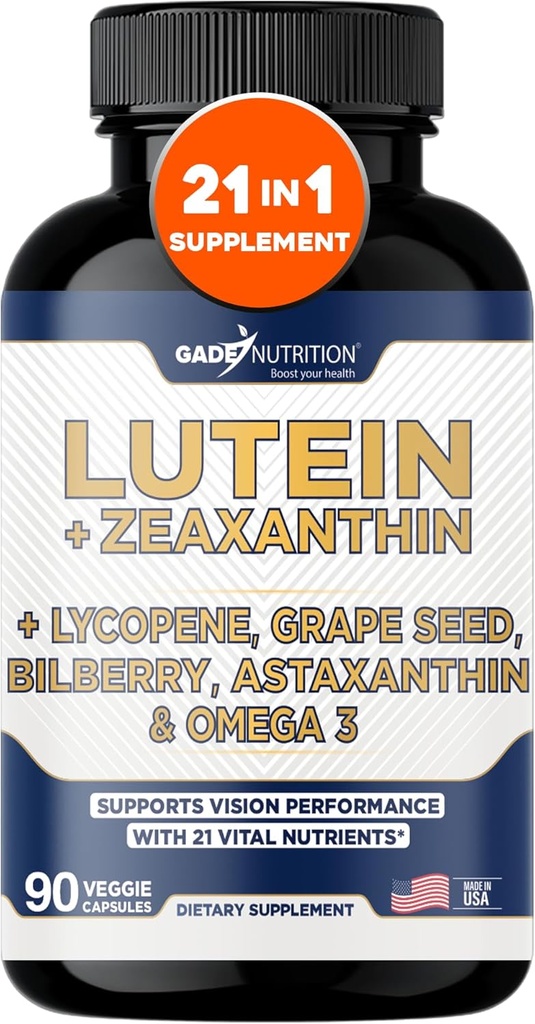 Gade Nutrition Lutein és Zeaxantin Szállítások 124; Astaxantin Eye Vitamins with Omega 3, Resveratrol, Bilberry, Lycopene, Quercetin, Ginkgo Biloba, D-vitamin és More Eye Care Vitamins and Minerals