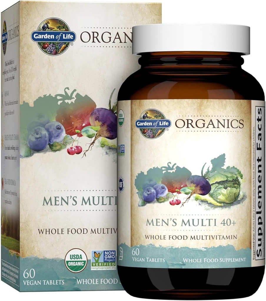 Xardín da vida orgánico multivitamínico de alimentos enteiros para homes 40 +, 60 tabletas, homes veganos multi para a saúde, vitaminas orgánicas completas ben certificadas, minerais para homes máis de 40, vitaminas masculinas