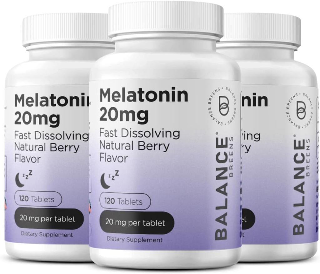 平衡breens Melatonin 20mg快速溶解药片 - 高Potency,快速演绎,自然睡眠支持 - 成人睡眠援助 - 非格鲁吉,无药方 - 120 睡眠药片