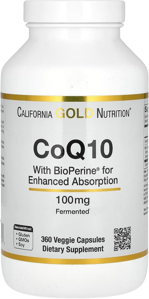 CoQ10 100 mg, Coenzis Q10 Ubiquinone USP su Bioperine Black Pepper sustiprintai absorbcijai, Mitochondrijų funkcijai *, 360 Veggie kapsulių