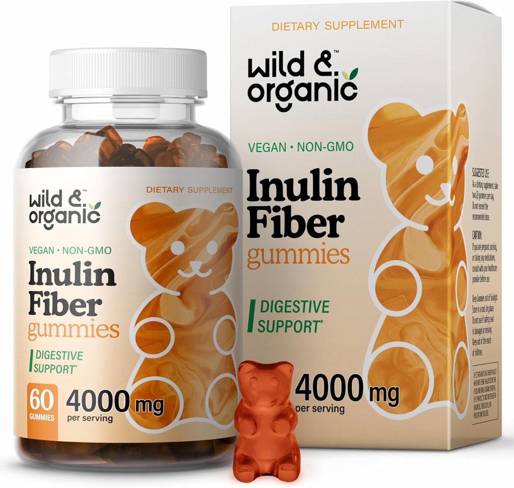 Wild & Organic Inulin Fiber Gummies 4000mg - Digestive Support w/Chicory Root - Soluble Fiber Supplement w/Inulin Toz - Gut Support üçün prebiotiklər - 60 Prebiotik Gummies