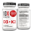 10X Health Vitamin D3 5000 IU & K2 MK7 - Menaquinone 7, High-Potency D3 K2 Vitamin Supplement for Bone Health, Heart and Teeth - 125 mcg Vitamin D & 90 mcg Vitamin K2-60 Capsules