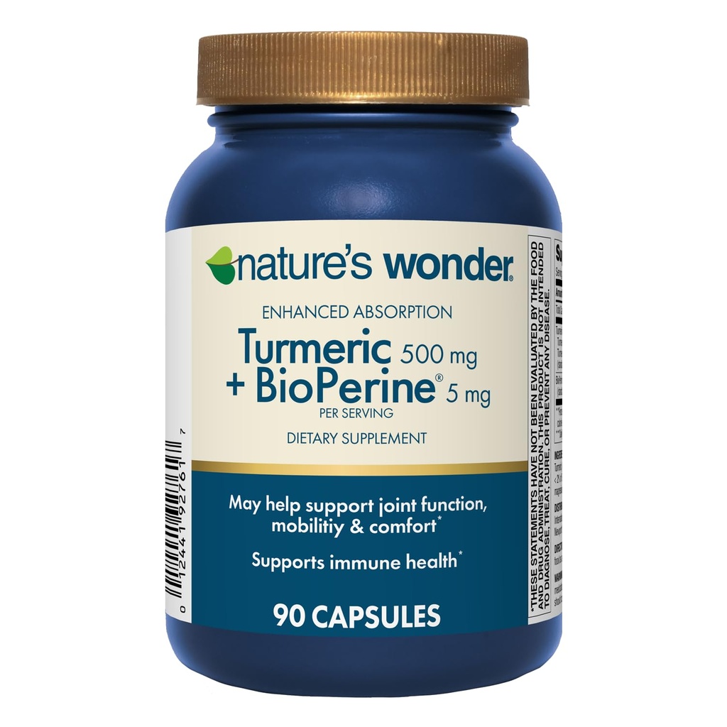 Nature's Wonder Turmeric Supplement with BioPerine - Enhanced Absorption Turmeric Complex 500mg with BioPerine 5mg for Joint Function, Mobility, and Comfort, 90 Vegetarian Turmeric Capsules