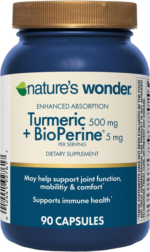 Přírodní Wonder Turmeric dodatek s BioPerine - Vylepšená absorpce Turmeric Complex 500mg s BioPerine 5mg pro společnou funkci, mobilitu a komfort, 90 Vegetariánské turmerické kapsle