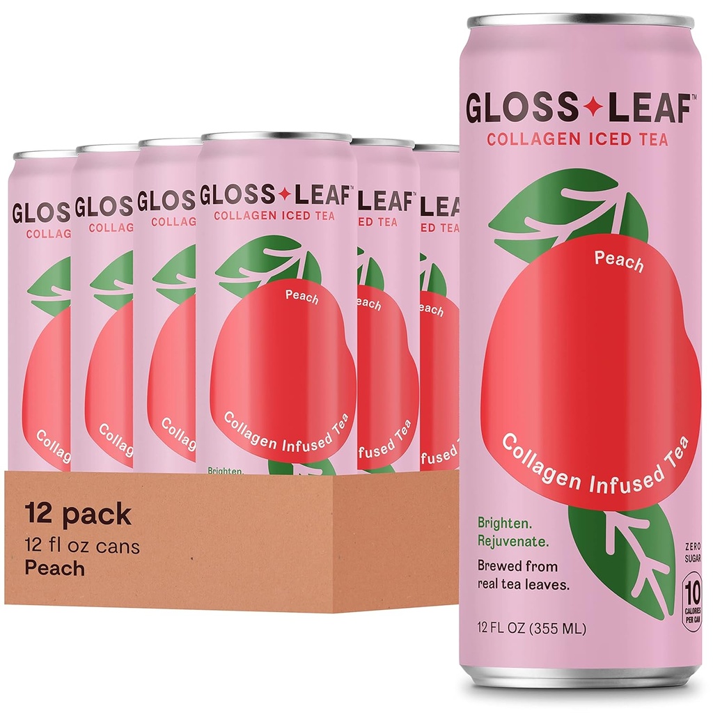 Gloss Leaf Collagen Iced Tea (Zero-Sugar, Peach): Tea Hitam Berkembang dengan Collagen Peptides Protein & Vitamin C, Kecantikan & Anti- Aging, 12 Fl Oz, 12 Pack
