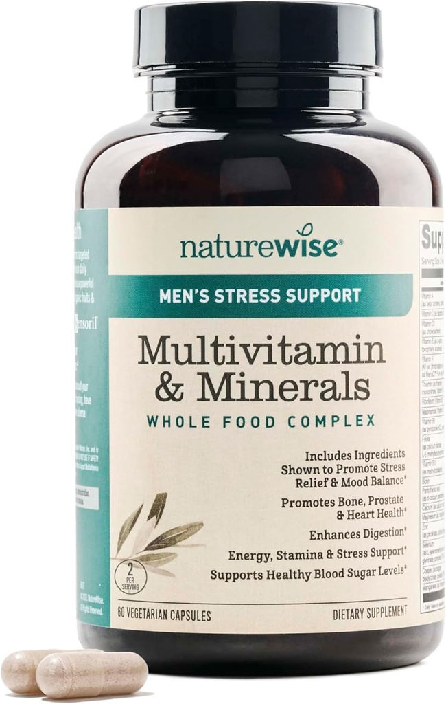 NatureWise Multiвитамини за мъже + Spress Support + Fulvic Ionic Minerals + Probiotics for Immunity, Male Health, Digestion + Whole Organic Foods - Vegetarian, Non-GMO - 60 Capsos [2011]