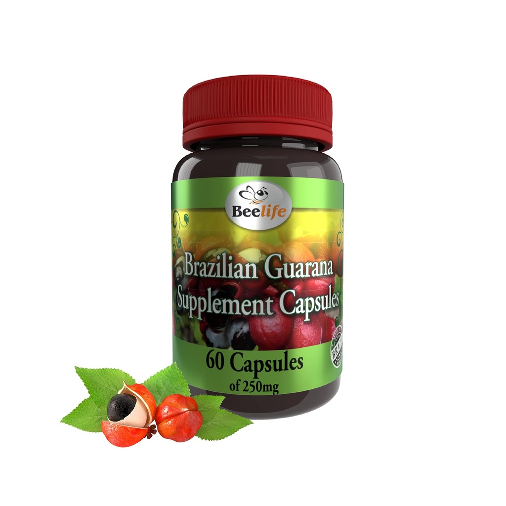Beelife Brazilian Guarana Capsules - Natural Caffeine Supplements from Brazil - Energy & Mental Focus, Muscle Strength Support - Zero Gluten, No Sugar Pre Workout for Men & Women - 250mg 60 Caps