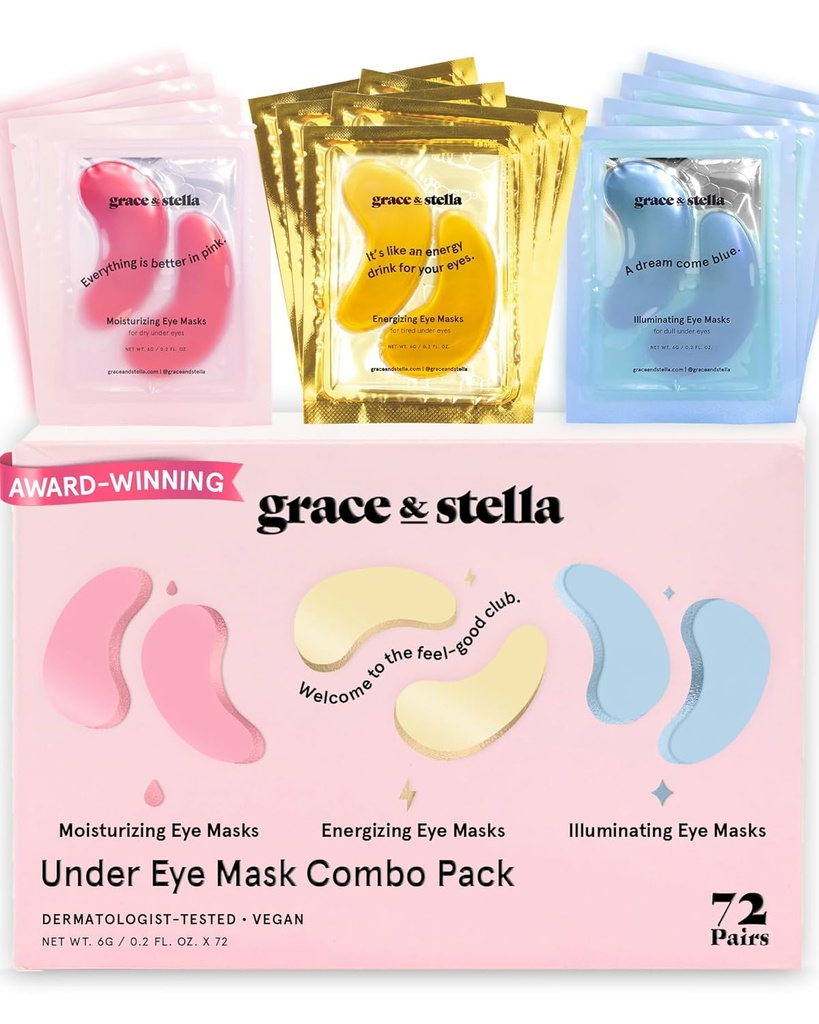 grace & stella Under Eye Mask - Знижувати Темні кола, Пухлі очі, Підйомні сумки, Зморшки - Гель Під Очима Патчі, Vegan Cruelty-Free Self Care (72 Пірс, GoldPinkBlue)