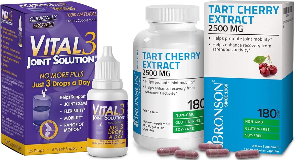 Bronson Vital 3 Joint Solution ® Clinically Proven Liquid Knee Relief Supplement Tart Cherry kivonat 2500 mg Vegetáriánus kapszula