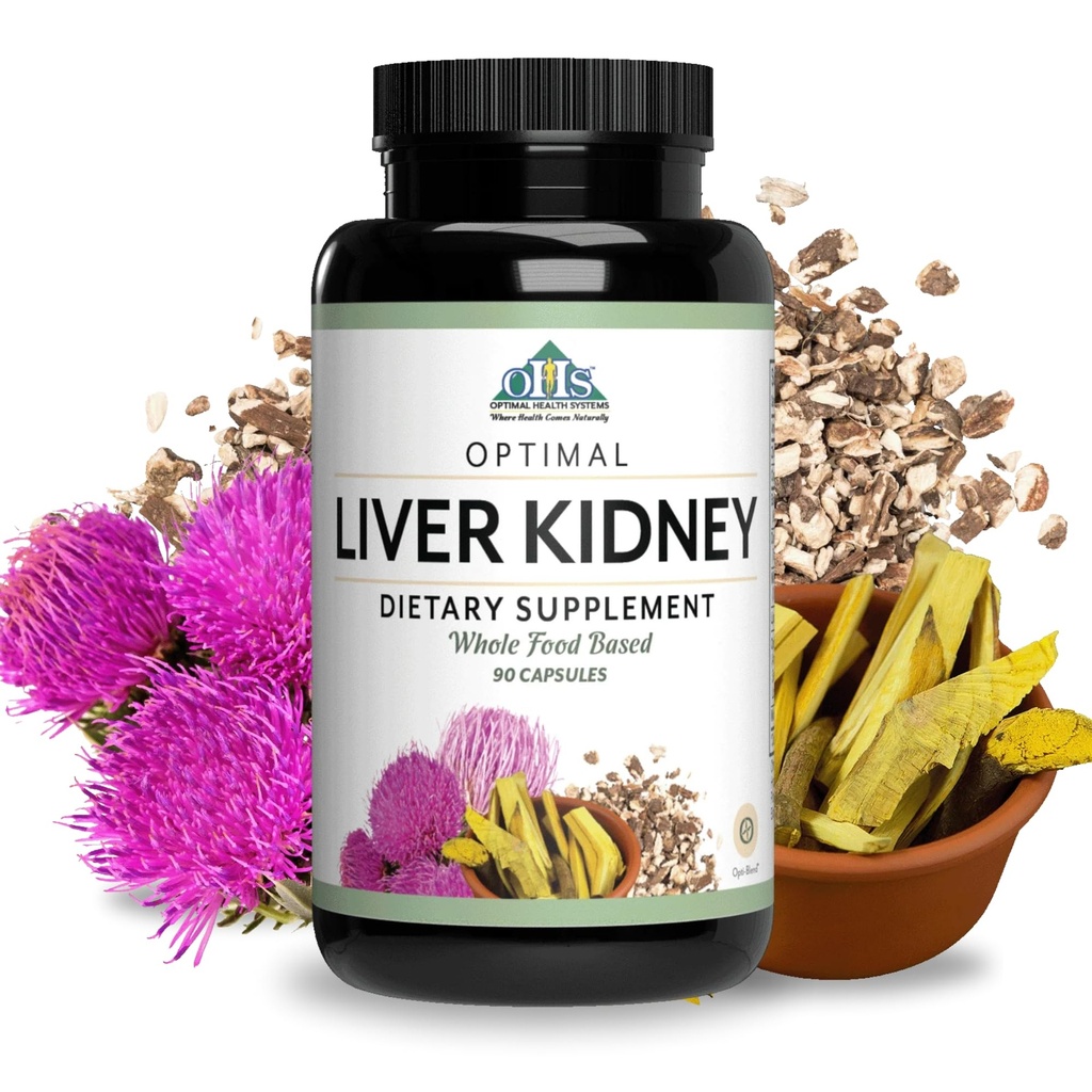 Optimal Health Systems Liver Kidney Support with Milk Thistle, 90 Capsules | Milk thistle, dandelion and barberry roots, Opti-Blend enzymes, molasses, zinc and lipase, daily liver and kidney support