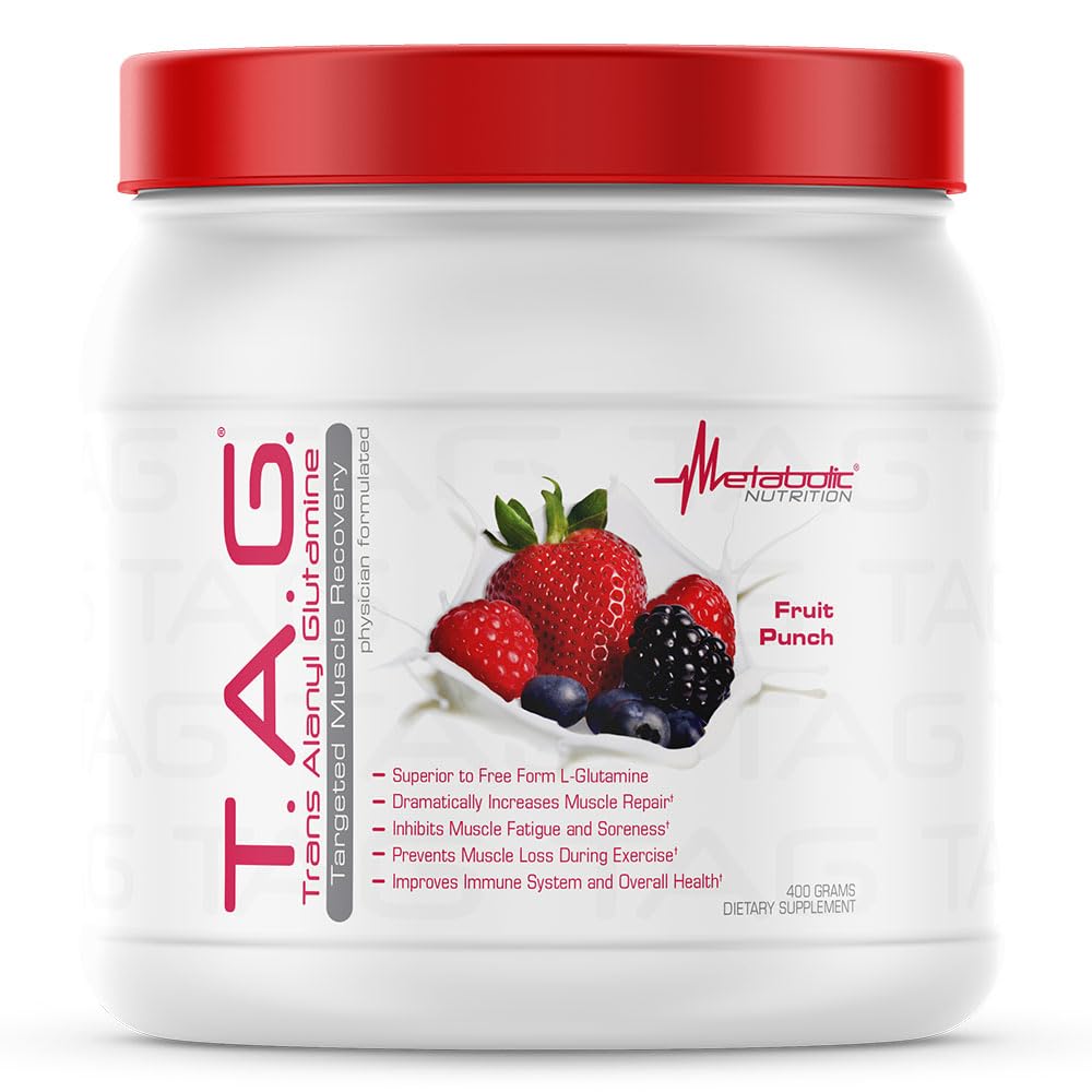 Metabolic Nutrition, TAG, Trans Alanyl Glutamine, 100% L-Glutamine Peptide Powder, Pre Intra Post Workout Supplement, 400 Grams (40 Servings) (Fruit Punch)