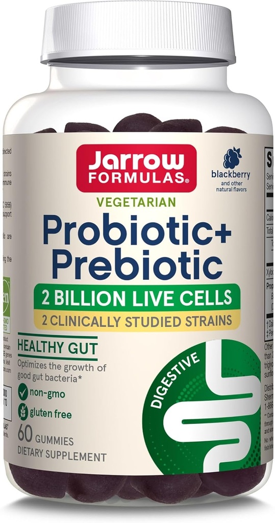 Jarrow Formulas Probiotic+ Prebiotic Dietary Supplement, Digestive Health, Gut Flora+Immune Health - 2 Billion CFU - 2 Clinically Studied Strains - 60 Gummies - Blackberry Flavor