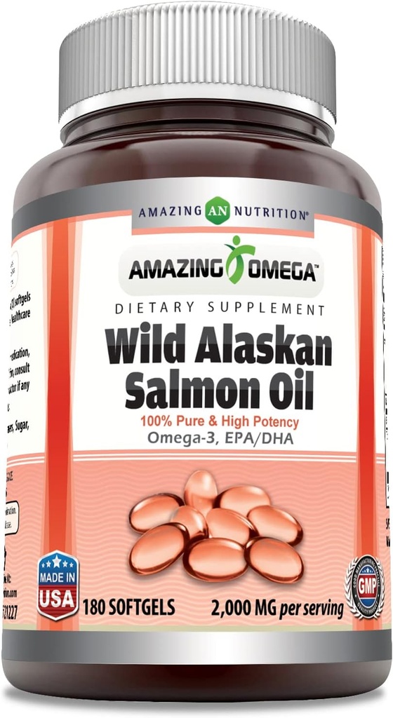 Amazing Omega Wild Alaskan Salmon Oil Supplement ... 2000 Mg per Serving... 180 Softgels...