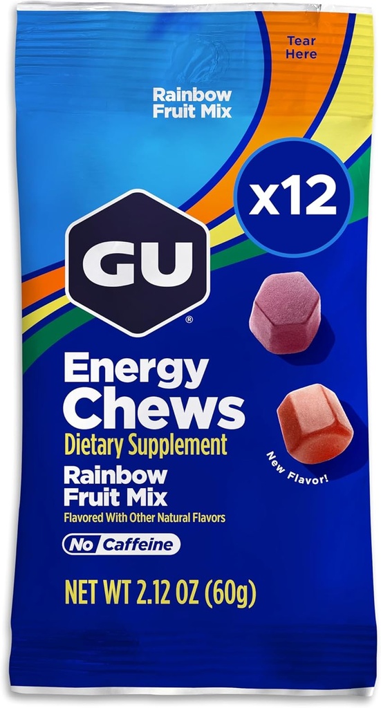 GU Energy Chews, Rainbow Mix Energy Gummies with Electrolytes, Dairy-Free, On-The-Go Energy for Every Workout, 12 Bags (24 Servings Total)