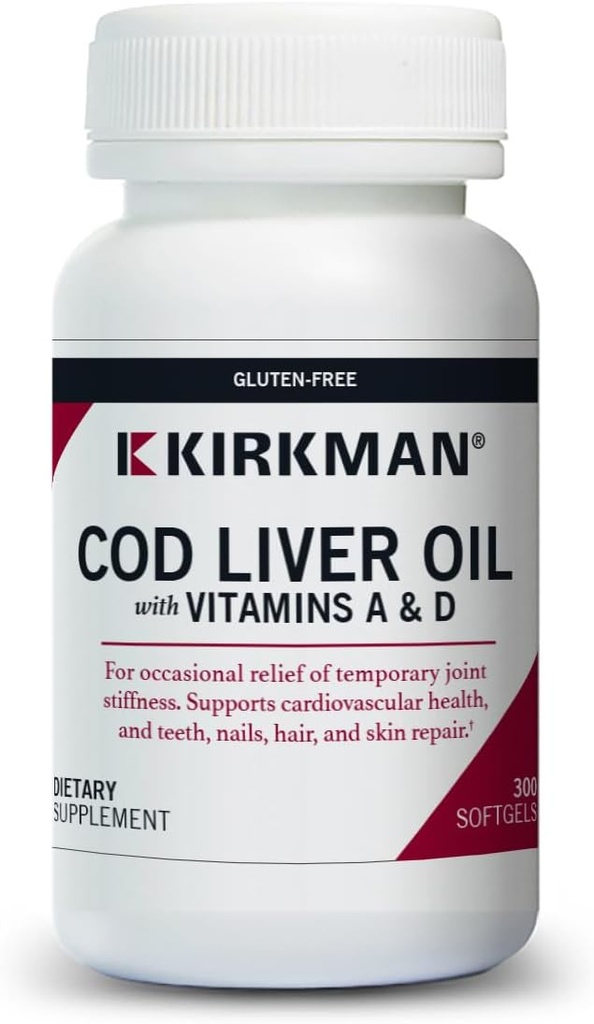 Kirkman - Cod Liver Oil з вітаміном A & D - 300 М'які гелі - Основні жирні кислоти - Підтримує фундаментальне здоров'я - Hypoallergenic