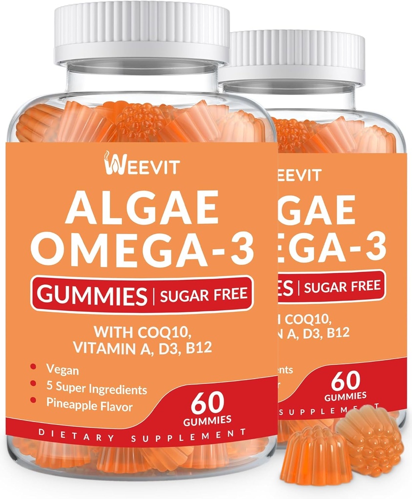 Vegan Omega 3 Gummies, Algae Omega-3 Supplement DHA 240mg, EPA 110mg w/Vitamin B12, CoQ10, Fiskeolje Alternativ for voksne - Hjerne, Bein, Øye og immunitetsstøtte