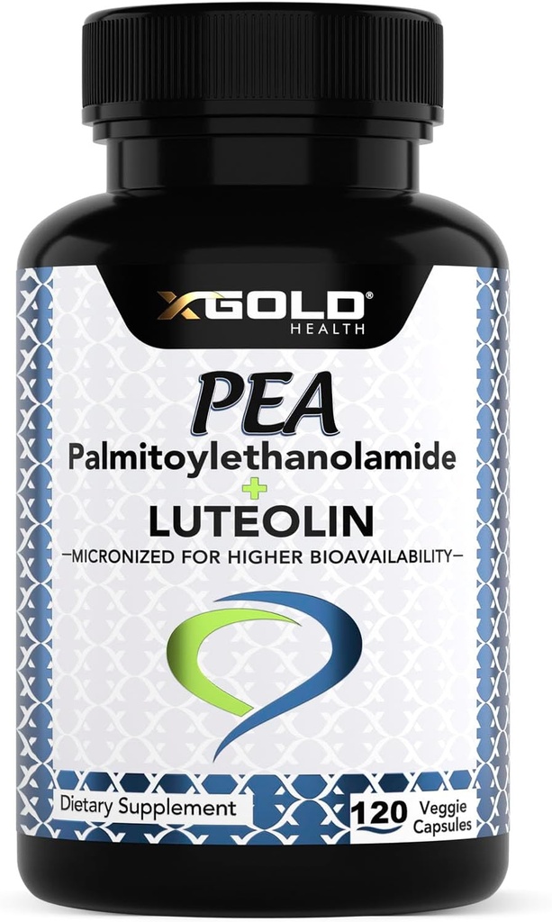 Palmitoylethanolamid 630 mg + Luteolin Standardizované 98% - Mikronizované pea 99% Vysoce čištěné a biodostupné - Vyrobeno v USA - Doplněk pro muže a ženy - 120 Veggie Kapsle