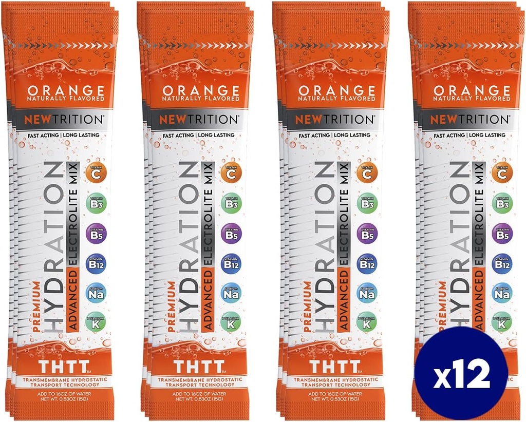 Poudre d'hydratation, pack orange de 12 paquets de poudre d'électrolyte, packs d'hydratation naturellement aromatisés pour l'eau, électrolytes d'hydrate à action rapide avec vitamines B & C, énergie et récupération