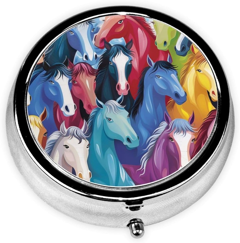 Krāsains Cartoon Horses Printed Round Pill Organizators ar 3 iecirkņiem, Portable Mini Pill kaste medicīnas, vitamīnu, zivju eļļa, papildinājumi