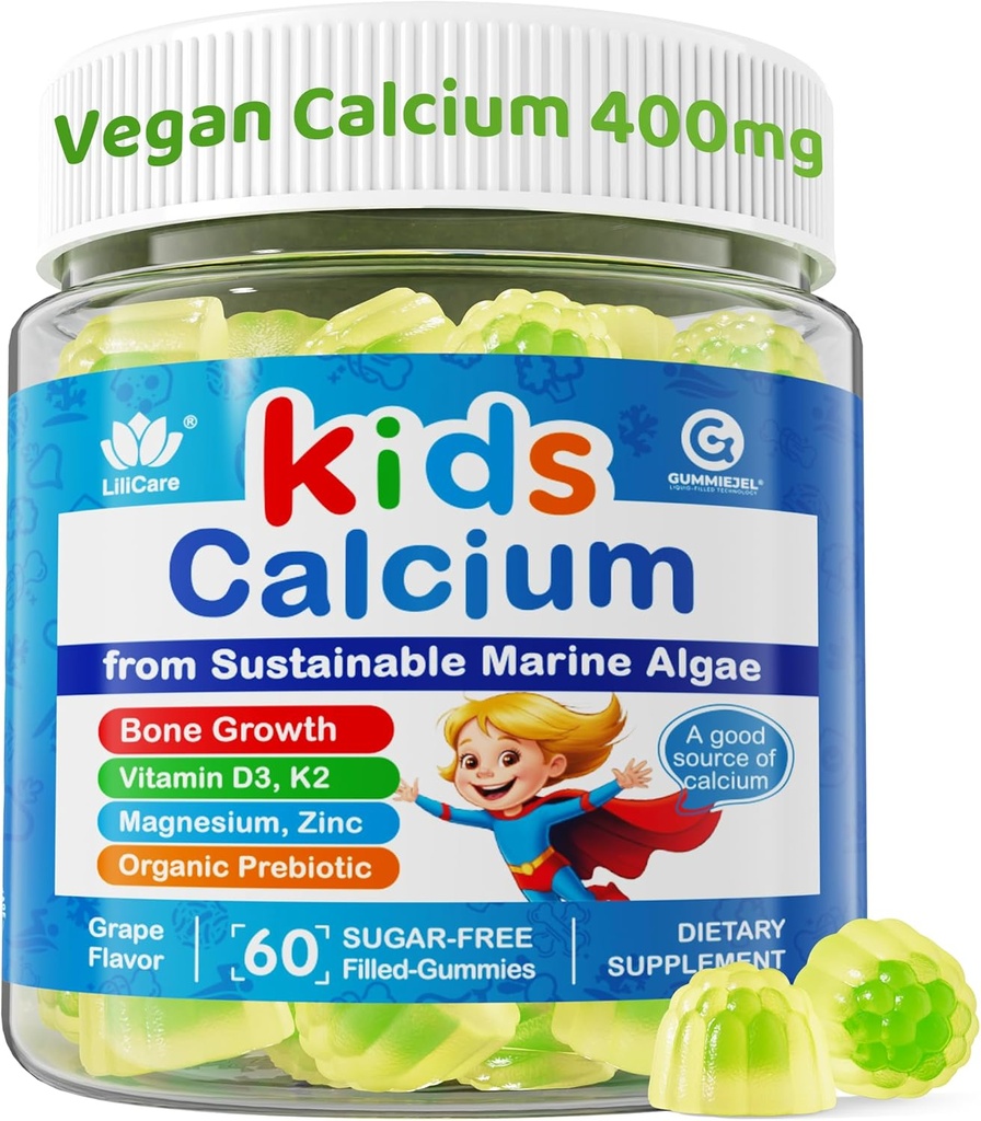 Kids Kalsium Gummies + vitamin D3 K2, Magnesium, sink, ekstra absorpsjon Algae Kalsium Supplement for barn Gentle to Mage, Bein, Tanner, Muskel, Hjerne, Sukkerfri Chewable Kids Vitaminer 4+, 60 Teller
