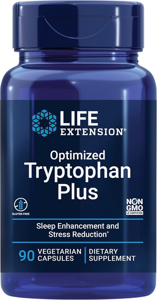 Life Extended Optimized Tryptophan Plus 1000mg - L-Tryptophan תוספת עם Niacin ו L-L-Lysine for Healthy Sleep & Stress Response - Gluten-Free, non-GMO, Vegetarian - 90 קפסולות