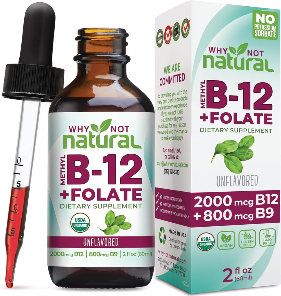 Miksi ei luonnon B12-vitamiinia Liquid Plus Folaatti - Organic sublingual Extra Strength Vegan Drops - Metyyli täydentää Folinic