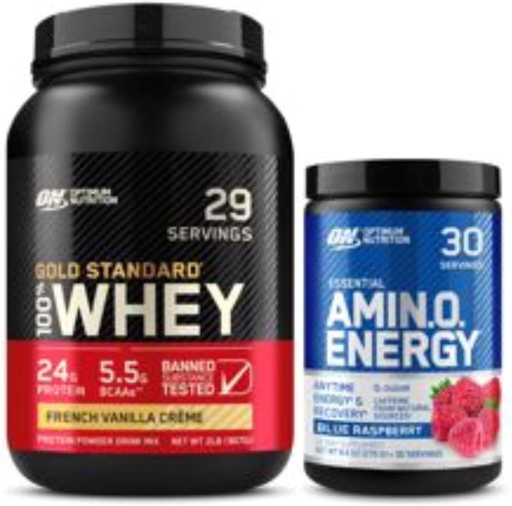 Optimum Nutrition Dynamic Duo Bundle: Amino Energy, Blue Raspberry (30 Servings) und Gold Standard 100% Whey Protein Powder, French Vanilla Creme (29 Servings)