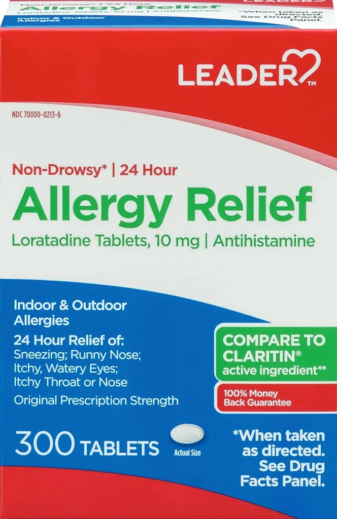 Leader 24 Hour Allergy Relief, Non-Drowsy, Loratadine 10mg, Antihistamine, Original Prescription Strength, Sinus Relief, Indoor and Outdoor, Counteract Allergy, 300 Tablet