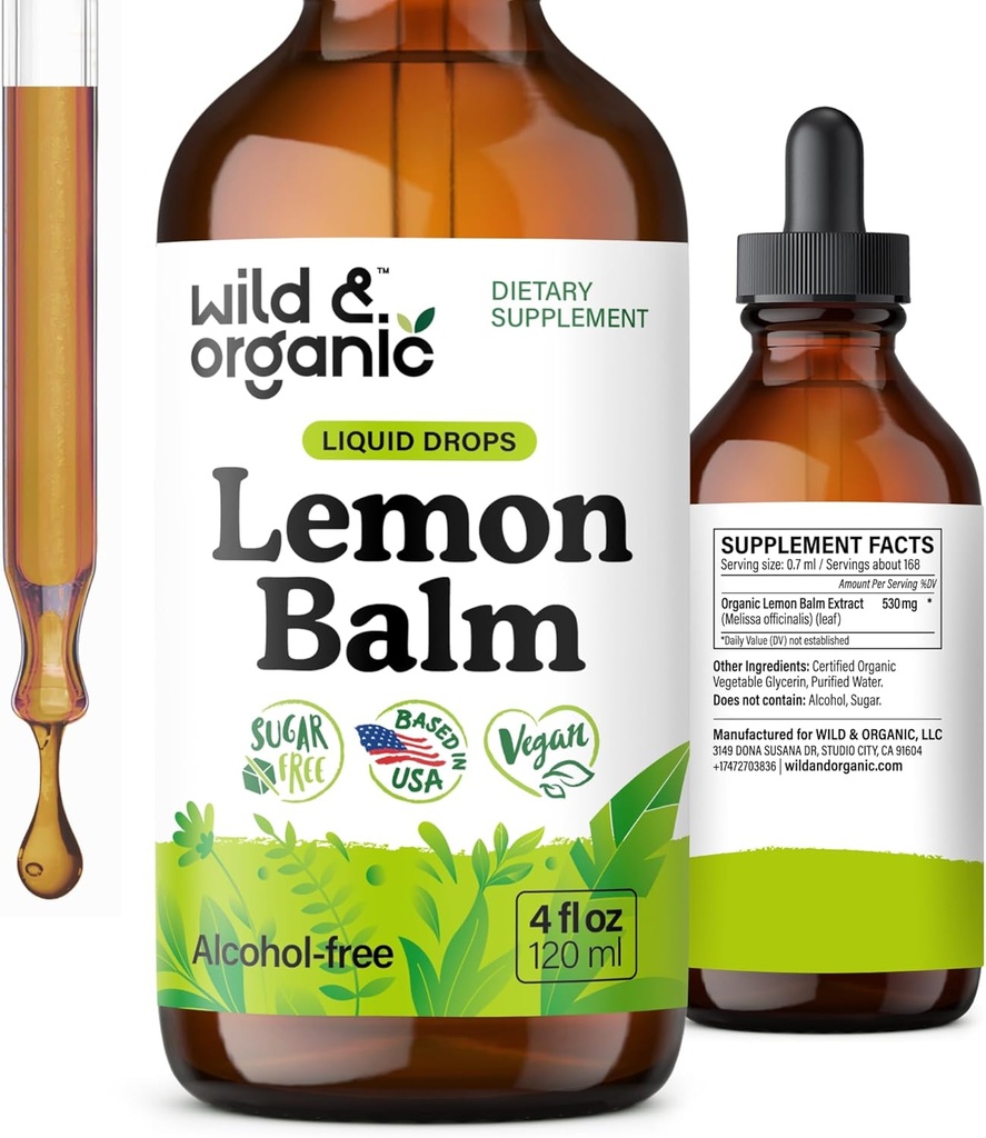 Wild &quot; Organic Lemon Balm Tincture - Mood Support supplement - Melissa Lemon Balm Leaf Extract drops - Vegan, Sugar &quot; Alcohol-Free cooling supplement - 4 fl oz