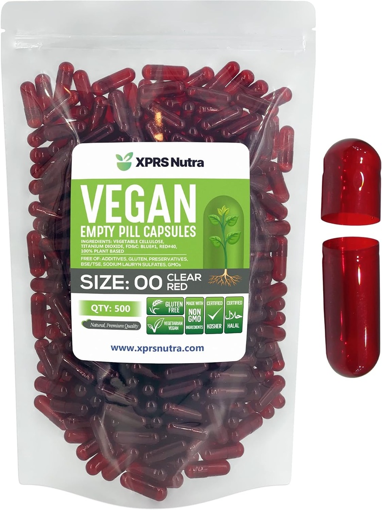 XPRS Nutra suurus 00 Tühjad kapslid - 500 krahv Tühjad vegankapslid - taimetoitlased Tühjad pillid - DIY köögiviljakapslid Täitmine - Veggie Pill kapslid (Selge punane)
