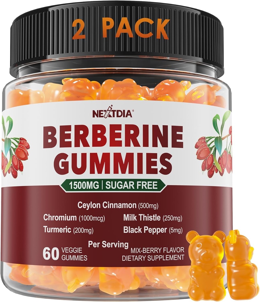 2 Pack - Berberine Gummies 1500mg Azúcar Libre, Orgánica Beberina Suplemento w/Ceylon Cinnamon, Cromo, Turmeric, Milk Thistle for Metabolism, Berberine HCl de Indian Barberry Extract, Vegan