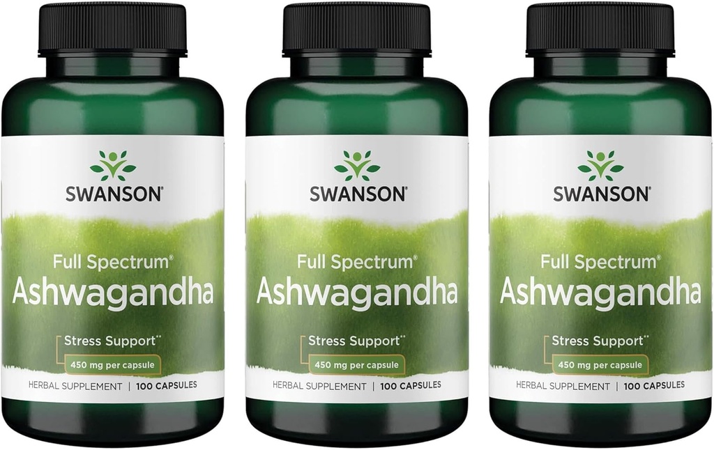 Swanson Ashwagandha Powder Supplement- Ashwagandha Root Promowanie Stress Relief & Energy Support- Ayurvedic Supplement for Natural Wellness (100 kapsułki, 450mg każdy) 3 Pack