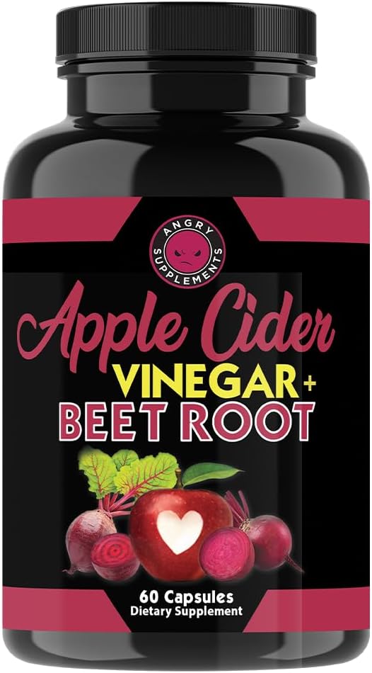 Suplementos enfurecidos Apple Cider Vinegar + Beet Root Powder Capsules, Pure ACV Beetroot 1000mg por servizo, Saúde Digestiva para homes e mulleres (60ct, 1-Month Supply)