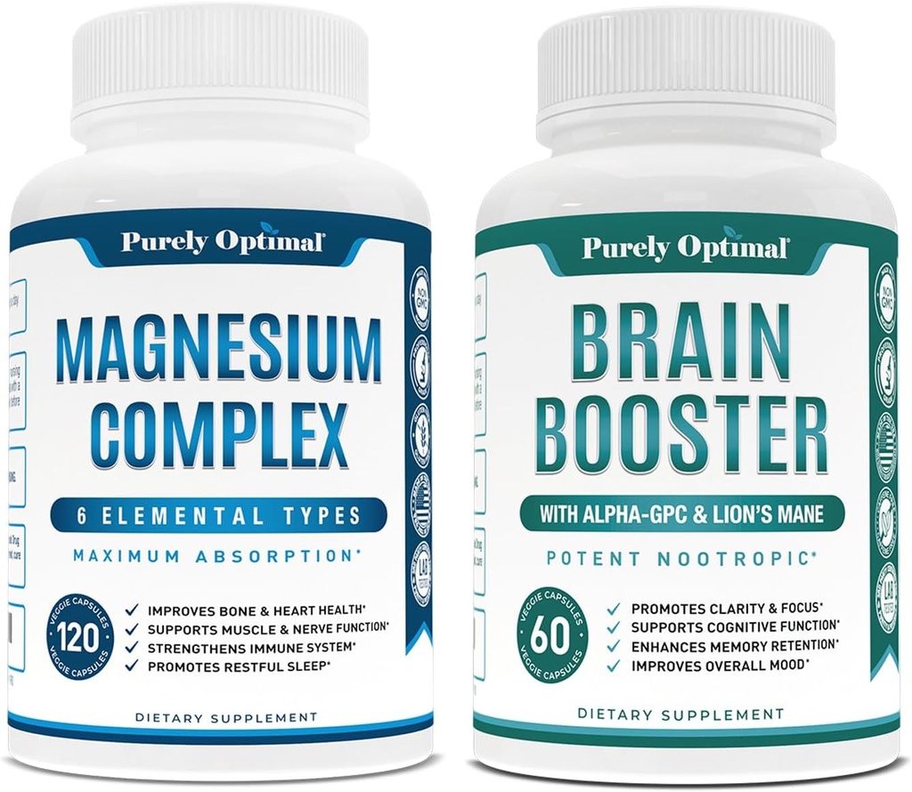 Komplexní doplněk hořčíku - Citrát, Malate, Taurát, Oxid, Bisglycinát Chelate, Aspartát + Mozkový doplněk - Nootropic Brain Booster for Focus, Clarity, Vylepšená paměť, Koncentrace