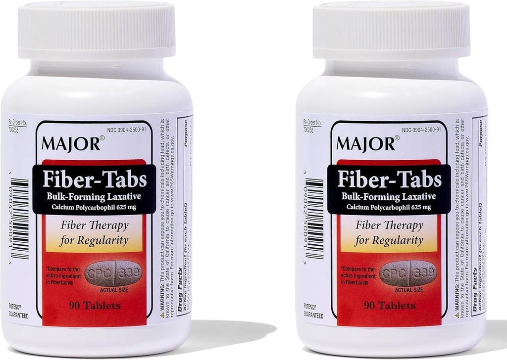 MAJOR סיבים-Tabs 625 Mg Tablets - טיפול סיבים עבור סדירות - Occasional Constipation הקלה למבוגרים - 90 Count (2 Pack)